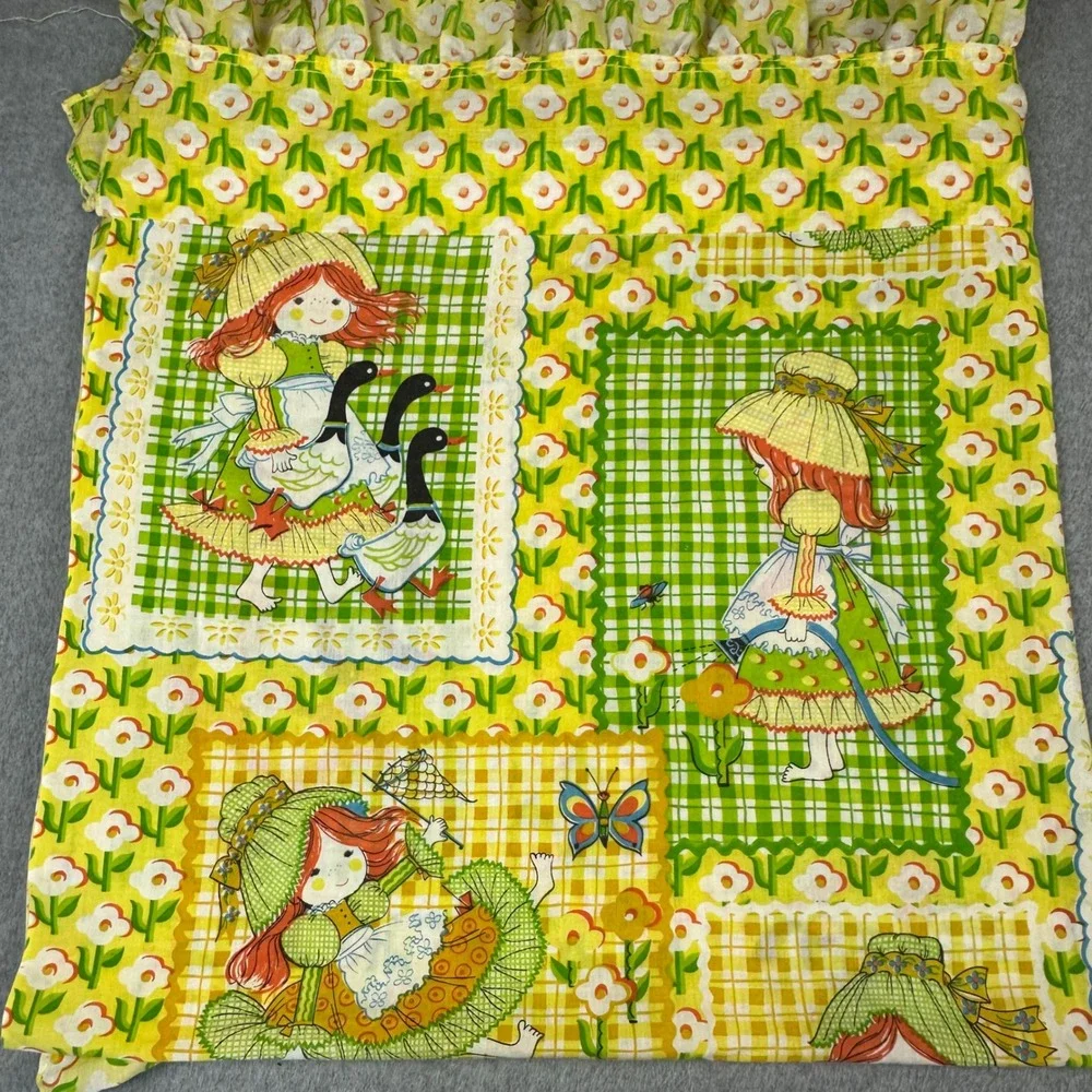 Vintage Sears Perma-Prest Holly Hobbie Style Yellow Floral Valance & Panels Set